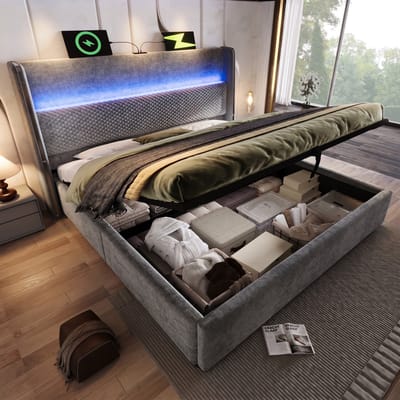 VVBV Gestoffeerd Opbergbed 180x200 cm - LED, USB-C, Hydraulische Opbergruimte, Glijbaan, Linnen, Massief Hout, Zonder Matras