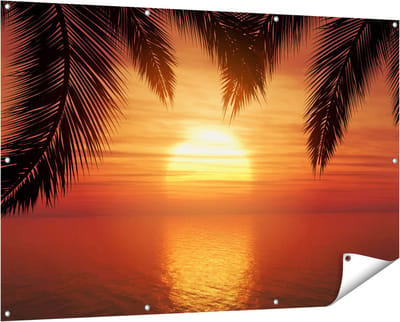 Gards Tuinposter Zonsondergang op het Strand met Palmbomen - 150x100 cm - Tuindoek - Tuindecoratie - Wanddecoratie buiten - Tuinschilderij