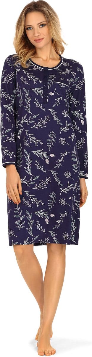 Ascafa Nachthemd 'Blue Winter Leaves' - Dames Nachtmode - Lange Mouw - Maat 44