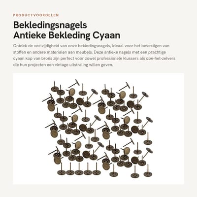 Dailygoods- Bekledingsnagels 100 Stuks - Antieke Bekledingsnagels - Cyaanbrons - IJzer - Platte Kop - Afmetingen 14 x 20 mm - Bekledingspijkers