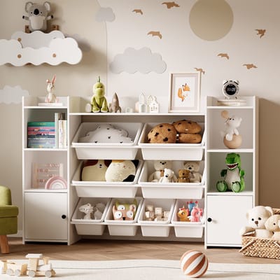 Bealife AP105 Kinder Opbergmeubel - Speelgoedkast & Boekenplank met 2 Deuren, 8 Bakken & 9 Planken & - Wit