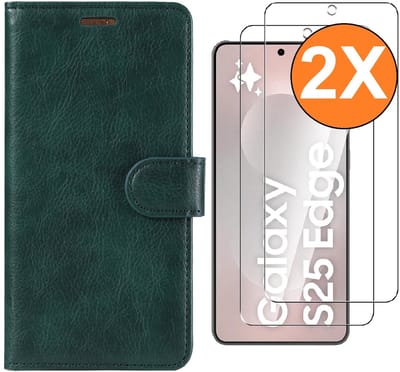 Hoesje Geschikt voor Samsung Galaxy S25 Edge hoesje bookcase Groen met screenprotectors 2 stuks