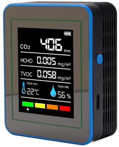 Luchtkwaliteitsmeter - Binnenluchtmonitor - Kantoor Metingen - 5-in-1 Detectie - Compact Formaat - Zwart Blauw
