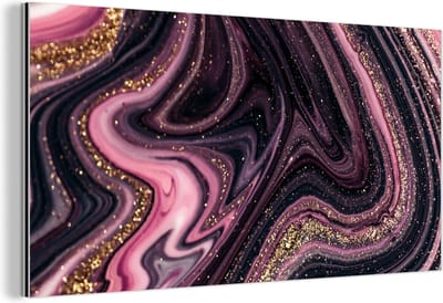 Wanddecoratie Metaal - Aluminium Schilderij Industrieel - Marmerlook - Roze - Paars - Goud - Luxe - Marmer - 160x80 cm - Dibond - Foto op aluminium - Industriële muurdecoratie - Voor de woonkamer/slaapkamer