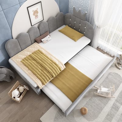 MODFU Bedbank 90x200 cm – Met uitschuifbed – L-vormig – Kroon- & spijlenontwerp – Fluweel – Grijs