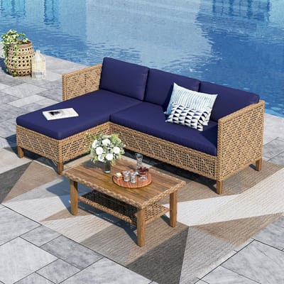 Rotan Tuinmeubelset 4-Zits 185x122,5x62,5 cm – Luxe Boho Balkon Loungeset met 1 Chaise Longue, 1 Tweezitsbank en 1 Salontafel – Donkerblauw – Comfortabele Outdoor Lounge Meubels – Laura