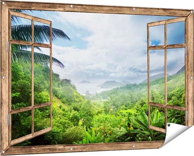 Gards Tuinposter Doorkijk Jungle Uitzicht op de Seychellen - 150x100 cm - Tuindoek - Tuindecoratie - Wanddecoratie buiten - Tuinschilderij