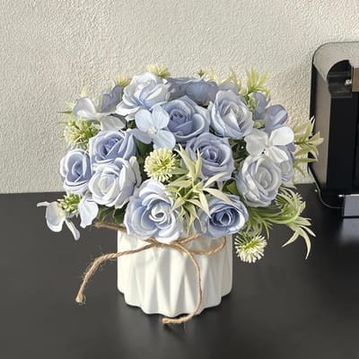 Kunstbloemen in Vaas - Zijde Bloemen - Woondecoratie - Als Echt - 20x20x20 cm - Blauw