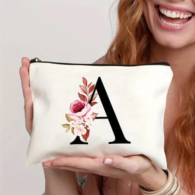 Gepersonaliseerde make-up tasjes van A tot Z - Verjaardagscadeaus - Unieke cadeaus voor bruiden en bruidsmeisjes, met bloemenmotieven, geschikt als bedankjes en voor het organiseren van cosmetica,letter A