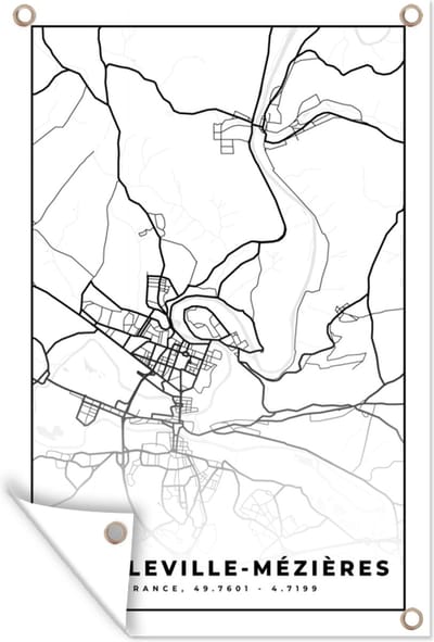 Muurdecoratie Charleville-Mézières - Stadskaart – Plattegrond – Kaart – Frankrijk - Zwart wit - 120x180 cm - Tuinposter - Tuindoek