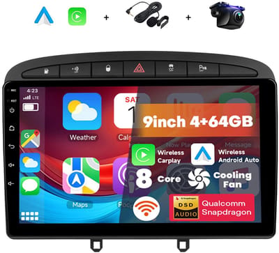 Boscer 2 Din Autoradio - Geschikt voor Peugeot 308 & Peugeot 408 (2007-2015) - Draadloos Apple CarPlay & Android Auto - 8-Core Snapdragon - 9 Inch HD Touchscreen - 4+64GB - WiFi, Bluetooth & USB - Achteruitrijcamera & Microfoon