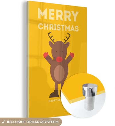 MuchoWow® Glasschilderij 40x60 cm - Schilderij acrylglas - Kerst - Quotes - Illustratie - Rendier - Merry Christmas - Geel - Foto op glas - Schilderijen