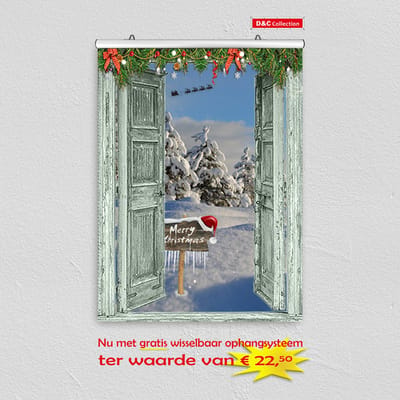 Kerst poster - 60x80 cm - doorkijk - open groene deuren Merry Christmas sneeuwlandschap met Kerstmanslee- winter poster - kerst decoratie- kerstinterieur - kerst wanddecoratie