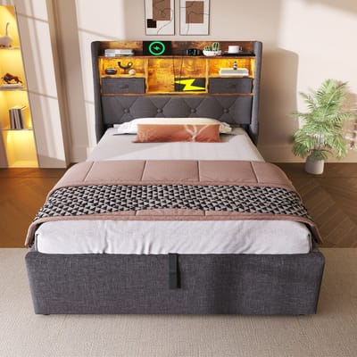 Gestoffeerd bed 90x200 cm met opbergruimte en LED-verlichting - 4 oplaadpoorten (USB/Type-C) - eenpersoonsbed - grijs - zonder matras