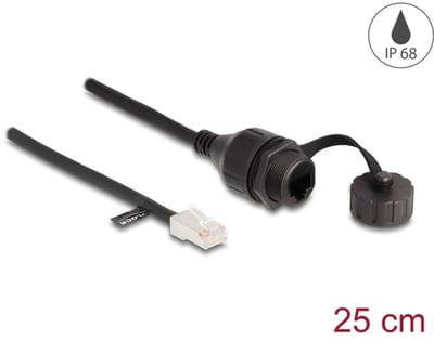 Delock Cable RJ45 male to RJ45 female for built-in with sealing cap Cat.5e FTP IP68 dust and waterproof 25 cm black