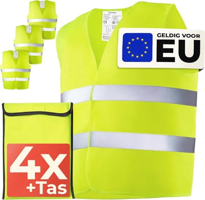 Reflecterend Veiligheidsvest met Hoge Zichtbaarheid - Set van 4 - Gecertificeerd EN ISO 20471 - Ideaal voor Auto en Bouw - Universele Maat - Geel