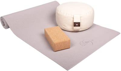 Starterspakket yogamat taupe, sand meditatiekussen en blok