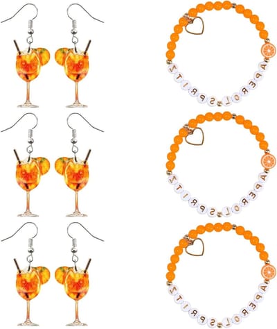 Verfrissende Oranjedrank Gift Set met Aperol Armbanden, Oorbellen en Wijnglas voor Feestelijke Gelegenheden