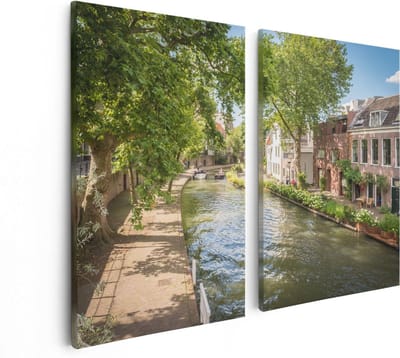 Artaza Canvas Schilderij Tweeluik Oudegracht In Utrecht - 80x60 cm - Wanddecoratie Woonkamer - Schilderijen - Muurdecoratie
