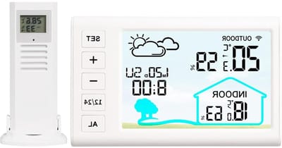 Draadloos Weerstation - Weersvoorspeller Buiten - Thuis Weer Monitoren - DCF-Radiogestuurde Klok - 100 Meter Bereik - Wit