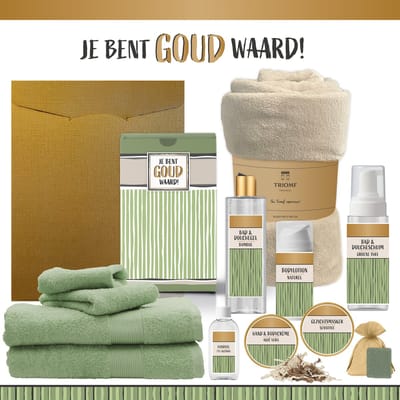 Geschenkset “Je bent goud waard!” - 12 producten - 1910 gram | Triomf Groene Strepen - Giftset voor haar hem Cadeau Luxe Wellness Pakket Vrouw Man Speciaal Cadeaupakket Geschenk Verjaardag Kerst Kerstpakket Gift Set Giftset Beige Groen