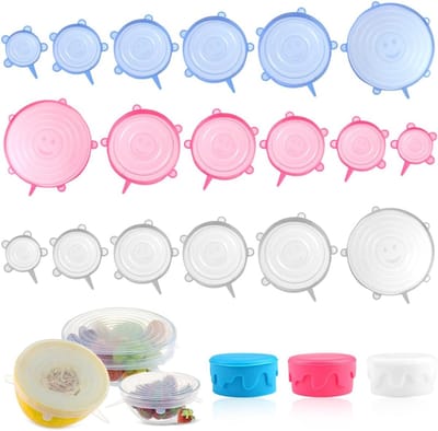 Famanu – 18 Stuks Siliconen Stretch Deksels - 19/16/14/11.5/9/6cm Herbruikbaar Universeel Deksel in Rond - Universele Siliconen Vershouddeksel - voor Schotels - Potten - Glazen - Bekers - Verschillende Maten
