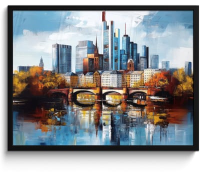 Poster in lijst - Fotolijst 70x50 cm - Posters - Bomen Frankfurt- Stad - Skyline - Brug - Posterlijst zwart - Decoratie - Wanddecoratie woonkamer - Muurdecoratie slaapkamer