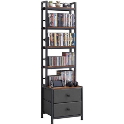 VEVOR dvd-rek met 4 planken en 2 lades, mediaplank, vrijstaand rek 400 x 300 x 1435 mm, ruimtebesparend opbergrek voor cd's, dvd's, boeken, game discs, woonkamer, thuiskantoor, zwart