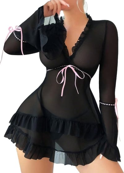Verleidelijke Rimpel Lingerie Jurk met G-String in Kant voor Dames - Sexy Nachtkleding, Transparante Pyjama en Ondergoed Set
