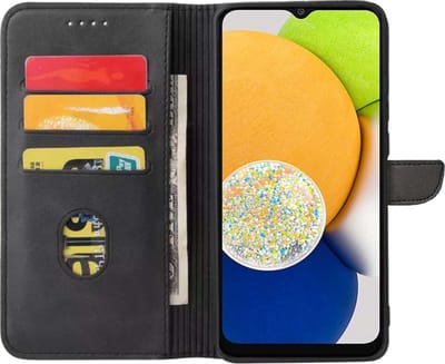 Geschikt voor Samsung Galaxy A03 Telefoonhoesje Kunstleer met Magnetisch lipje en Pasjeshouder Book Case met Klepje - Zwart - Smartphonica geschikt voor Samsung Galaxy A03