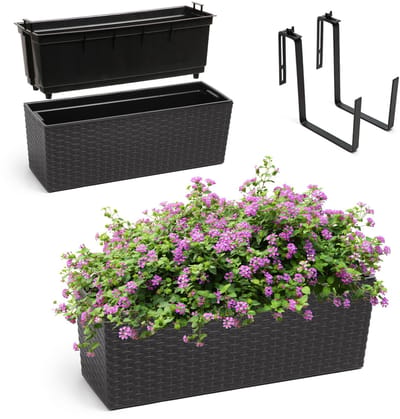 KADAX Bloembak van kunststof, 18,5 x 56 cm, plantenbak met inzet, weerbestendige balkonbak, rechthoekige bloembak, bloempot voor buiten, met houders, rotan patroon, zwart