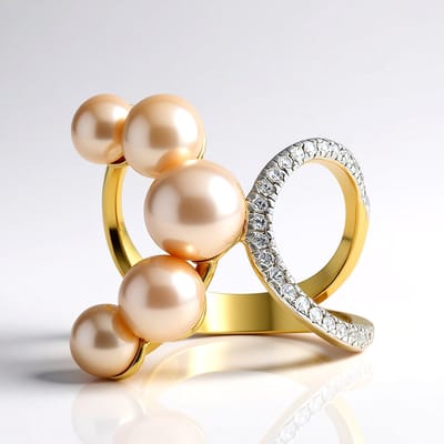 Cavill - Zilveren ring - 925 Sterling Zilver Verguld - Perzikkleurige Zoetwaterkweekparel (7-5 mm) - 25 Zirkonia 0,175 ct - Elegante Parelring Dames