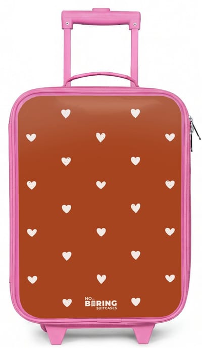 NoBoringSuitcases.com® - Kinderkoffer roze - Kindertrolley meisje - Wit hartjespatroon op oranje bruine achtergrond - Koffer kind lichtgewicht - Reiskoffer trolley voor kinderen - Koffertje met lichtgevende wieltjes - Rolkoffer