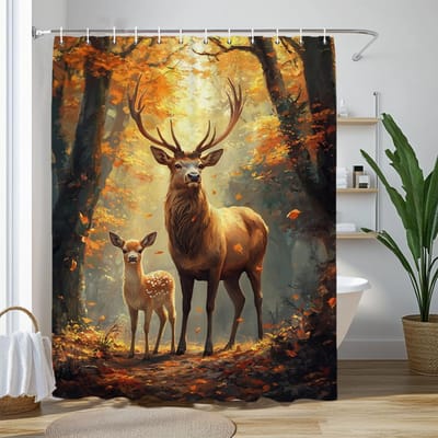 1 Stuk Boslandschap Hert Dier Patroon Douchegordijn, Badkuip Badkamer Decoratief Douchegordijn, Huis Gordijn Met Haken W60H190(CM)-1 Pcs