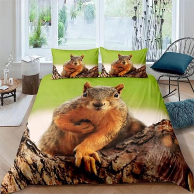 3D Eekhoorn Koning Koningin Dekbedovertrek Mooie Dieren Beddengoed Set voor Kinderen Tieners Volwassenen Wilde Dieren Groene Bladeren Zacht 2/3-delig Dekbedovertrek 70x133cm 2pcs