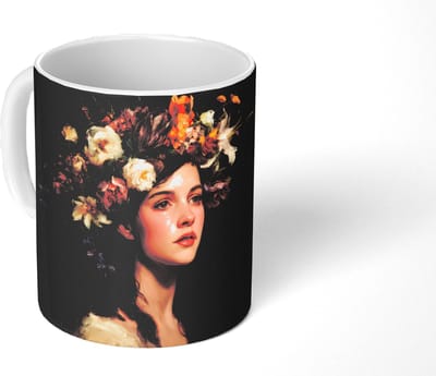 Mok - Koffiemok - Portret - Vrouw - Bloemen - Mokken - 350 ML - Beker - Koffiemokken - Theemok