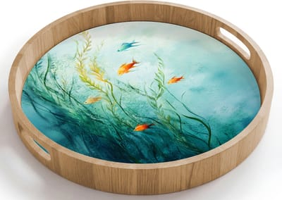 Dienblad rond 40x40 cm - Schootdienblad hout - Waterplanten - Vissen - Kleurrijk - Water - Borrelplank rechthoek - Plateau houten dienbladen