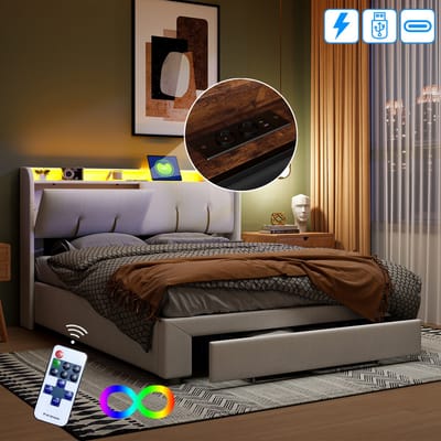 Gestoffeerd bed van 140 x 200 cm met hydraulische functie, modern tweepersoonsbed met verlichting en USB-oplaadpunten, opbergruimte met lades aan het voeteneinde, opklapbare opbergruimte in het hoofdeinde, gebroken wit fluweel, exclusief matras