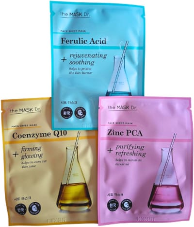 Koreaanse Gezichtsmaskers - The Mask Dr. - Kalmerend & Herstel | Set van 3 - Ferulic Acid, Coenzyme Q10 & Zinc PCA | Korean Sheetmask Mixverpakking