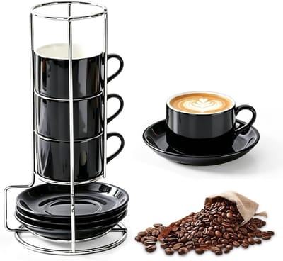 Set van 4 keramische espressokopjes met schoteltjes en standaard, vaatwasmachinebestendig, stapelbaar en perfect voor cappuccino en latte