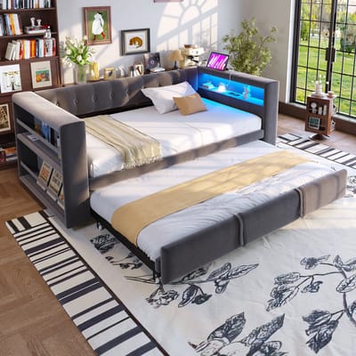DESMIU Slaapbank 90/180x190 cm – Met Ledverlichting En Stopcontact – Armleuning Met Opbergruimte – Voor Woon- Of Logeerkamer – Donkergrijs – Zonder matras