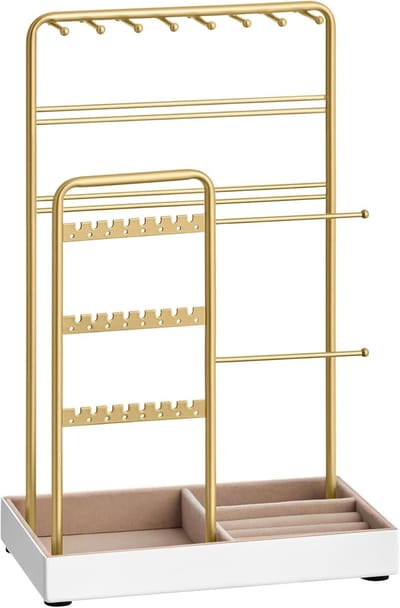 Famanu – Sieradenstandaard met metalen frame en fluwelen lade, opslag voor kettingen, armbanden en oorbellen, ideaal cadeau