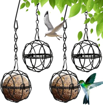 Vogelvoeder voor Vetbollen - 4 stuks - Hangende mezenbolhouders - Mezenbol - Vogelvoeder - Mezen bolhouder - Vetbollen - Vetbolhouder - Ronde vogelvoerhouder - Vogelvoer houders voor buiten - Voor buiten, tuin, achtertuin, terras - Zwart