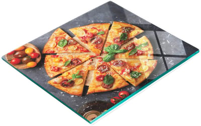 Decoratieve glazen keukensnijplank met pizza- en tomatenmotief, 60x52 cm