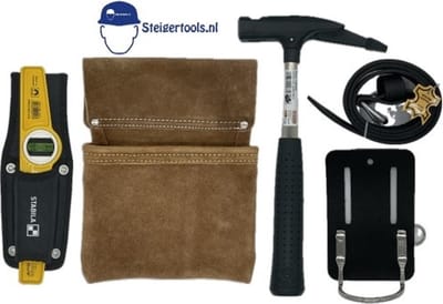 Steigerbouwset / Steigerriem / Gereedschapsriem met Stabila magnetische torpedo waterpas, Picard steigerhamer 600gr. en houders
