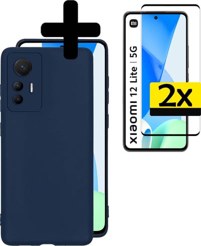 Hoesje - Met 2x Screenprotector - Geschikt voor Xiaomi 12 Lite - Sterk & Shockproof - Back Cover - Siliconen Case - Telefoon Hoes - Telefoonhoesjes - Donkerblauw