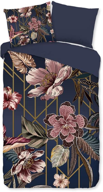 Pure dekbedovertrek bloemen - 1 persoons 140x200/220 cm - Donkerblauw - Microvezel
