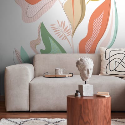 Fotobehang Profhome 392111-GU vliesbehang hardvinyl warmdruk in reliëf glad met bloemmotief mat wit groen oranje geel 1,59 m x 2,8 m