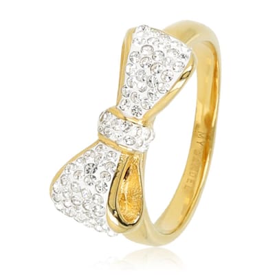 My Bendel - Goudkleurige Ring met Strik - Zirkonia - met Luxe Cadeauverpakking | Sieraden Voor Dames | Maat 16.00 Mm / Maat 50