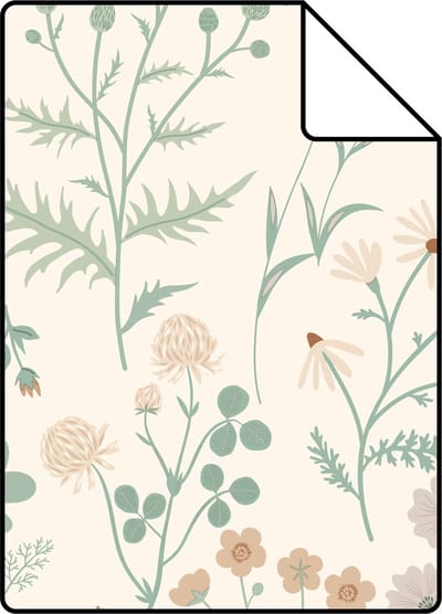 Proefstaal ESTAhome behang veldbloemen groen, terracotta en lila paars - 26.5 x 21 cm - 139481-S